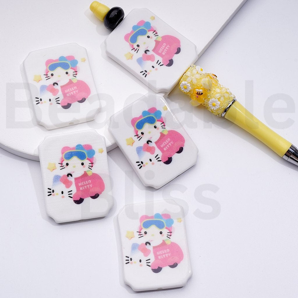 Cute HK Kitten with Blue Wings Ice Cream Drives a Car Unicorn Balloons Sanri Rectangle Flat Acrylic Beads, Around 45*35MM