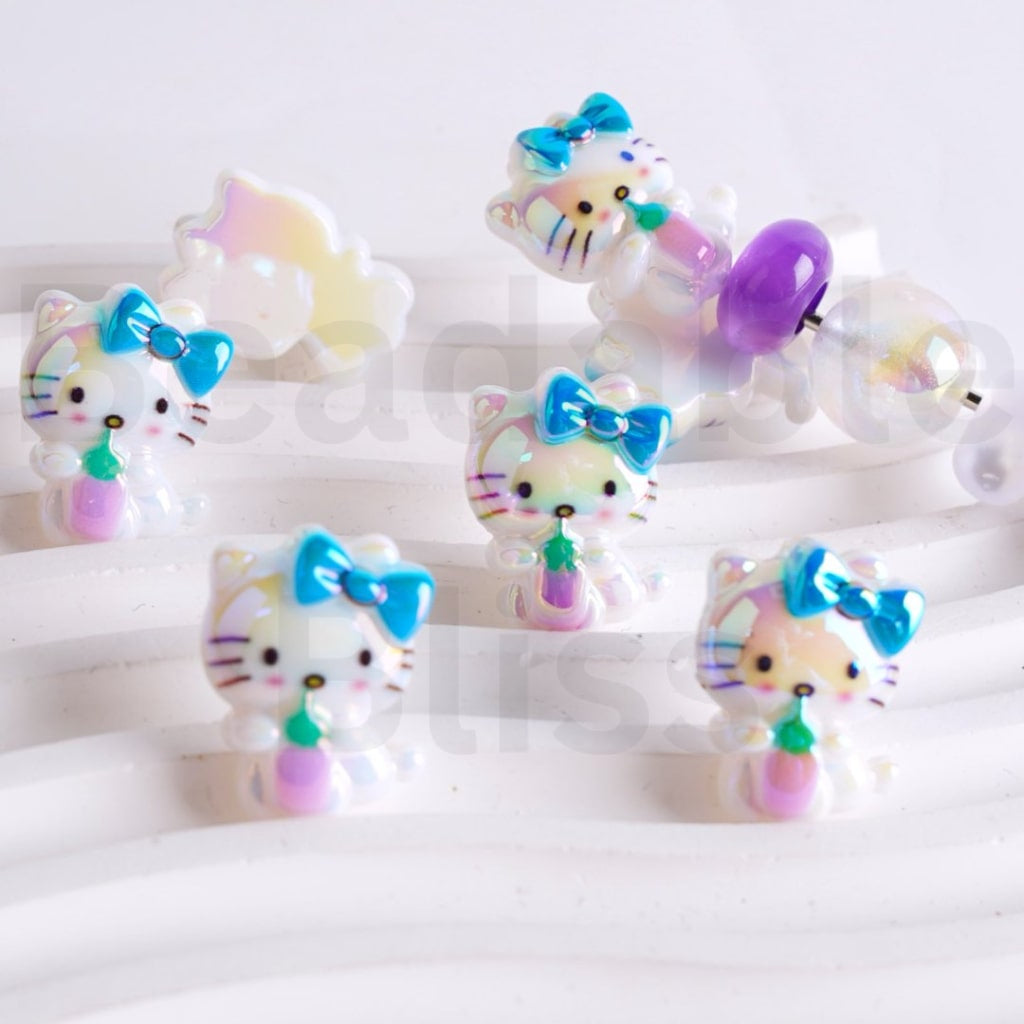 UV Coating Cute HK Kitten Holds a Bottle Sanri Acrylic Beads, Around 20*25MM, Please Read the Description