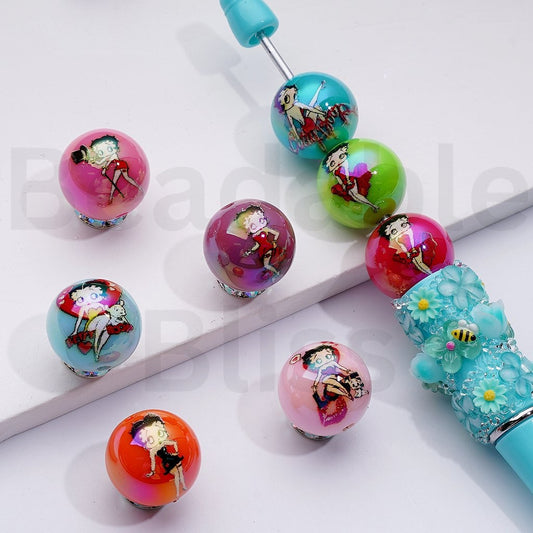 UV Coating Cute Betty Boo Solid Color Round Acrylic Beads, 16MM, Random Mix