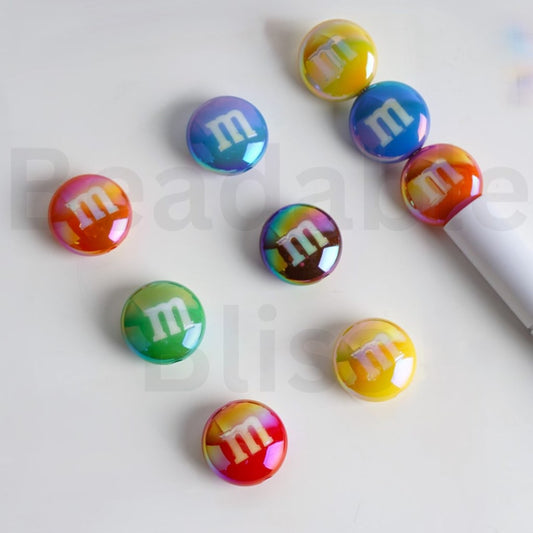 UV Coating Colorful M Chocolate Chips Chops Beans Acrylic Beads, Random Mix, Around 18MM