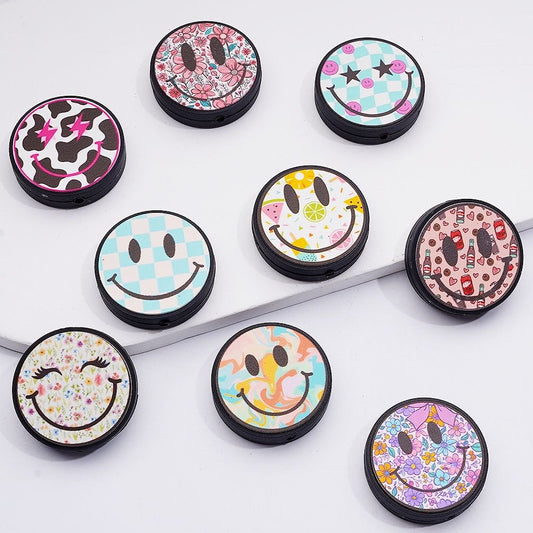 Flower Checkerboard Fruit Cow Pattern Beverage Bottle Smile Face Round Flat Silicone Focal Beads, Random Mix