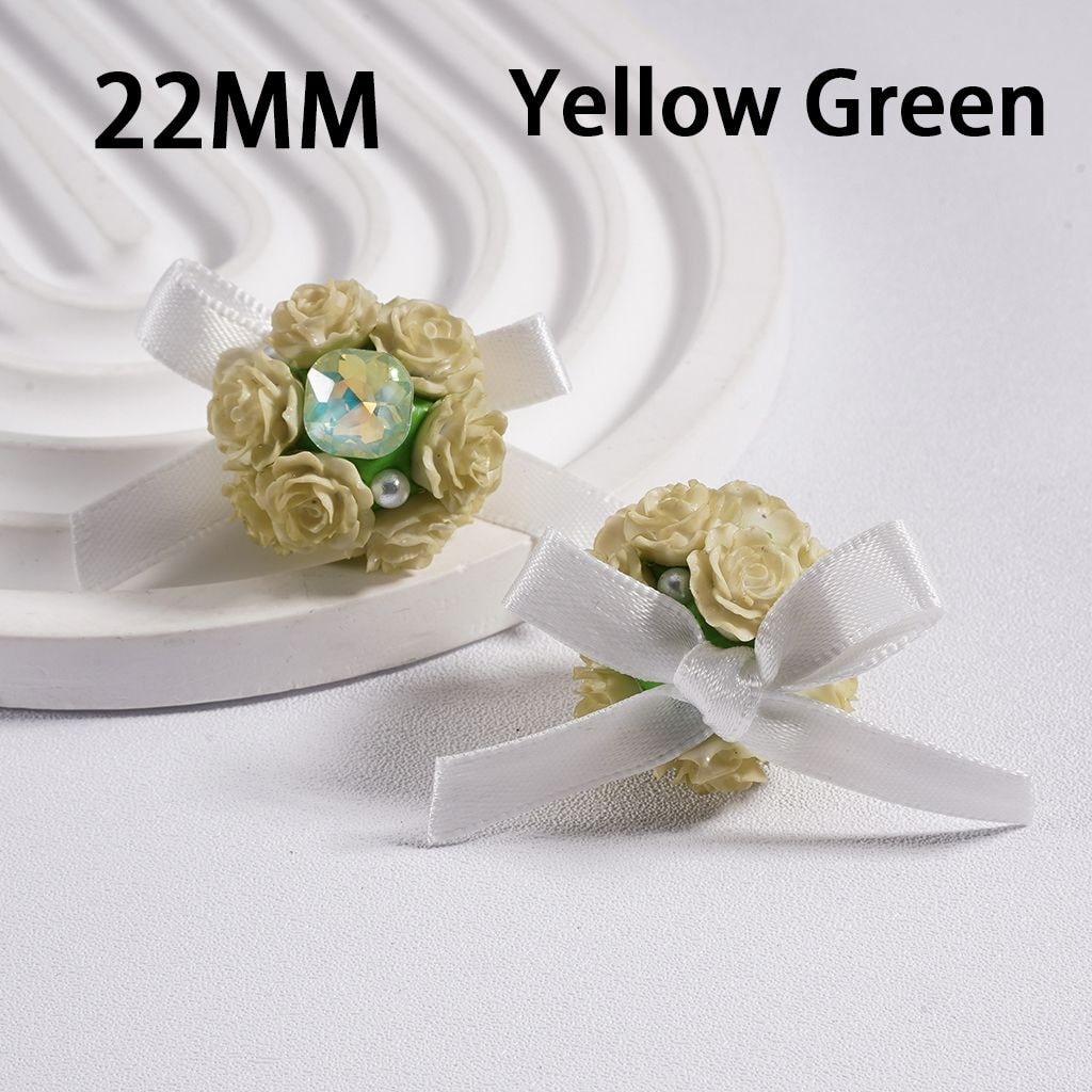 Clay Beads with Luminous Soft Rose Flowers and Shiny Square Rhinestones, White Pearls & Fabric Bowtie Ribbon, 22MM, Multi-Color