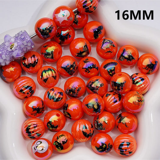 Orange Color Halloween  Series Ghost Face Pumpkin White Ghost Skeleton Skull Head Black Cat Bat Wizard House Printed Acrylic Beads, 16MM (Single Color is available for 200pcs(Whole bag))