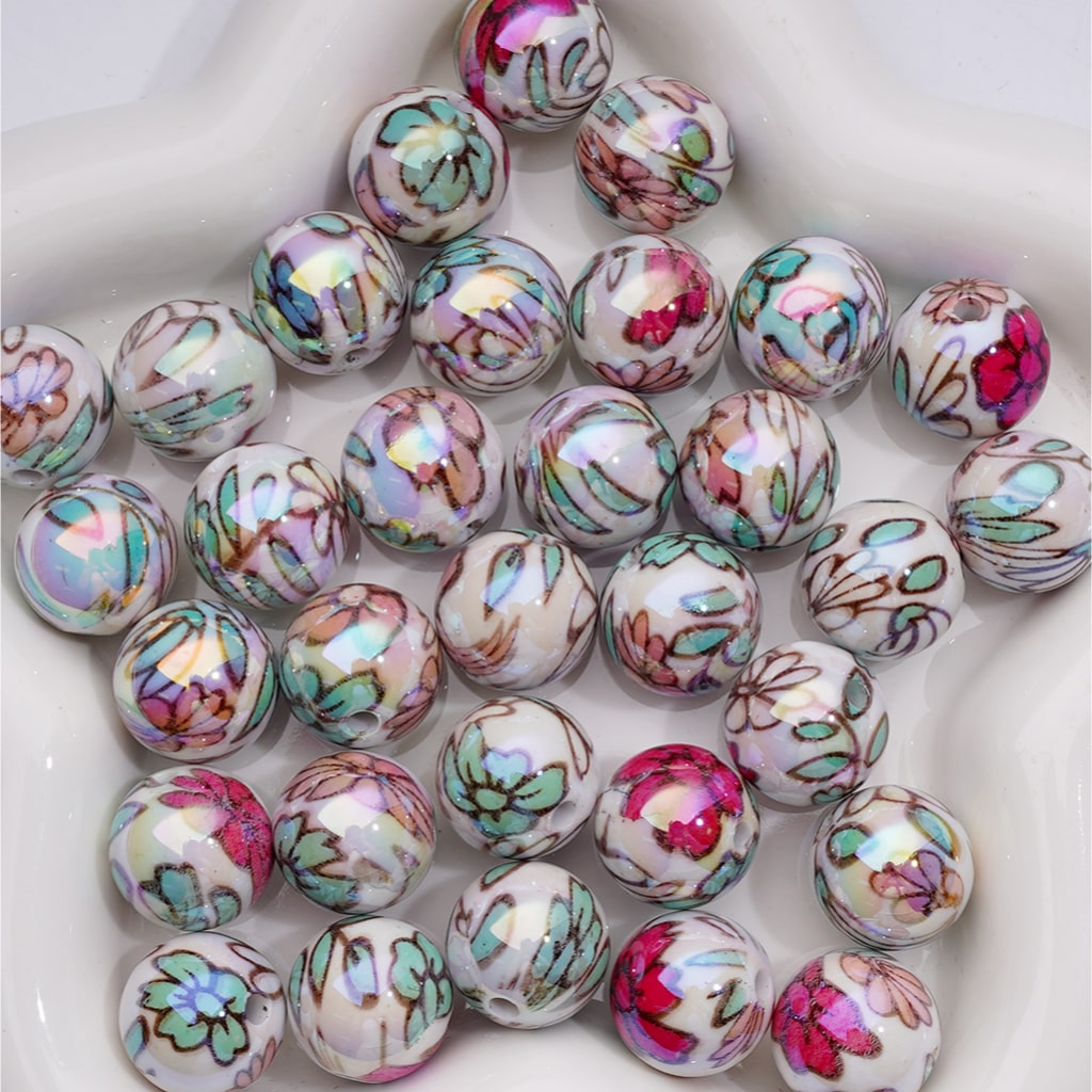 UV Coating Multi-Color Different Flowers Round Acrylic Beads, 16MM (Single Color is available for 200pcs(Whole bag))