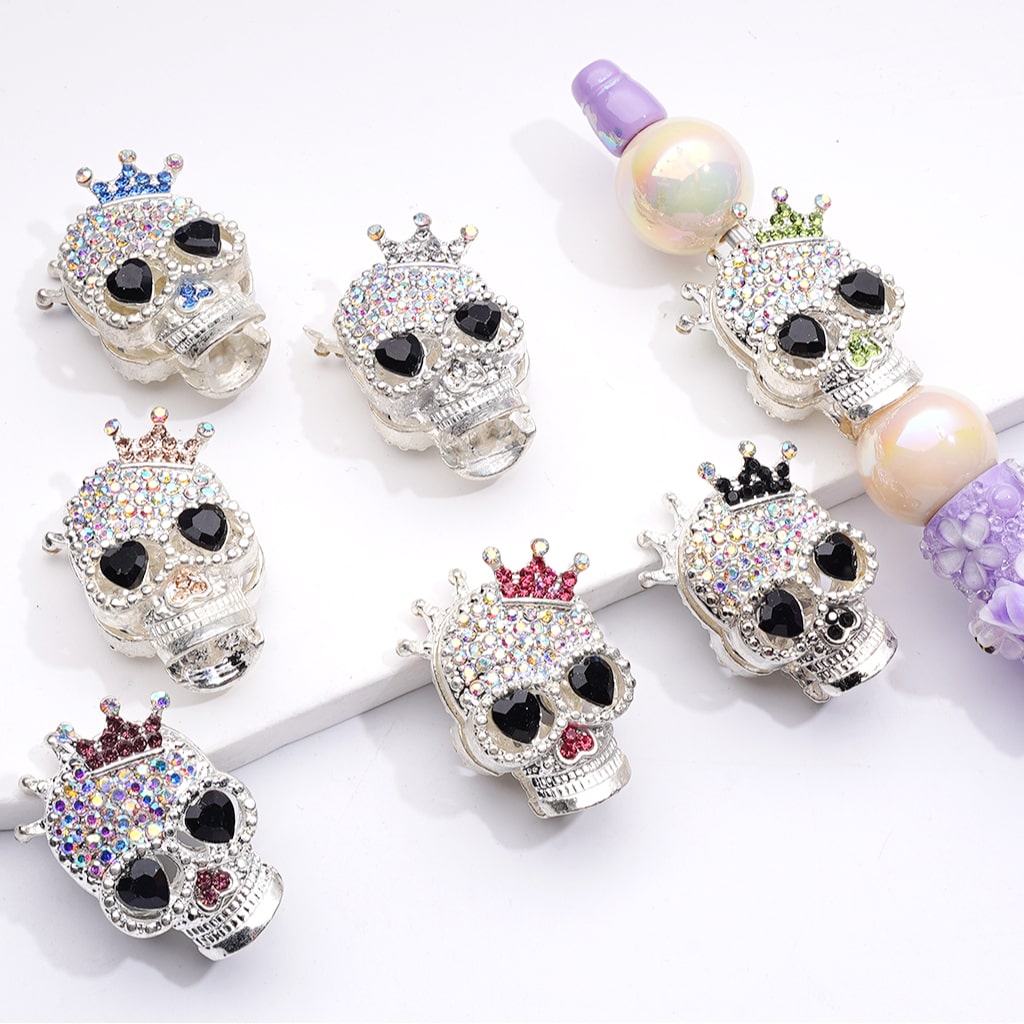 Fancy Silver Alloy Skeleton Skull Head Beads with Cute Crown AB Rhinestones, 29*19MM, Random Mix