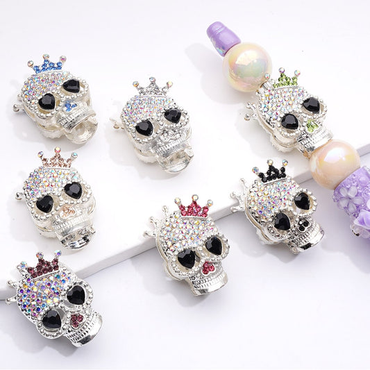 Fancy Silver Alloy Skeleton Skull Head Beads with Cute Crown AB Rhinestones, 29*19MM, Random Mix