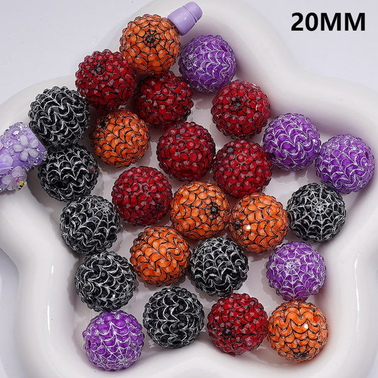Clear Rhinestones Black White Spider Web Stripes Round Acrylic Beads in Solid Color, 20MM