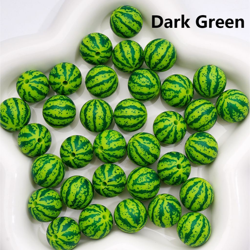 Multi-Color Watermelon Stripes Round Printed Silicone Beads 15MM, Number Z-00281