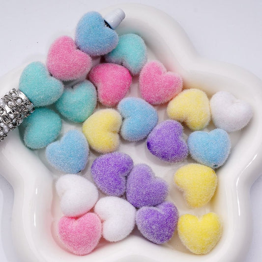 Cute Flocked Fluffy Heart Acrylic Beads, 20*21MM, Random Mix
