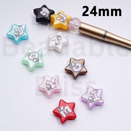 Multi-Color Cute Glitter HK Kitten English Letters Prints Five-Pointed Star Shape Acrylic Beads, 24MM