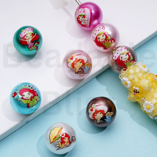Glossy Shiny Strawberry Shortcak Design Round Acrylic Beads, 16MM, Random Mix