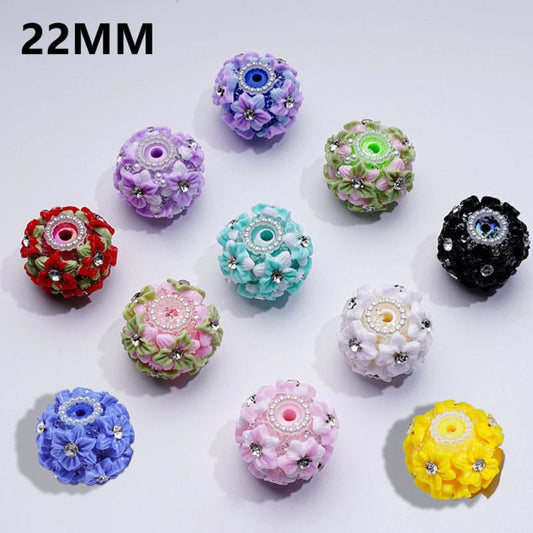 マルチカラーのかわいい花、クリアラインストーン入りホワイトパールリング、クリアシュガーラウンドクレイビーズ、20MM