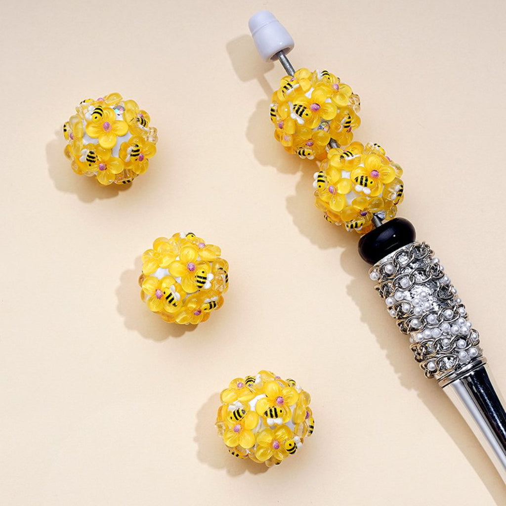 Yellow Cute Bees Colorful Flowers AB Rhinestones White Round Clay Beads, Around 20MM