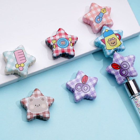 Cute Colorful Designs Checkered Five-Pointed Star Acrylic Beads, Around 24MM, Random Mix