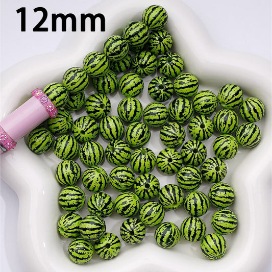 Clear Color Coating Green Watermelon Printed Acrylic Beads, 12MM