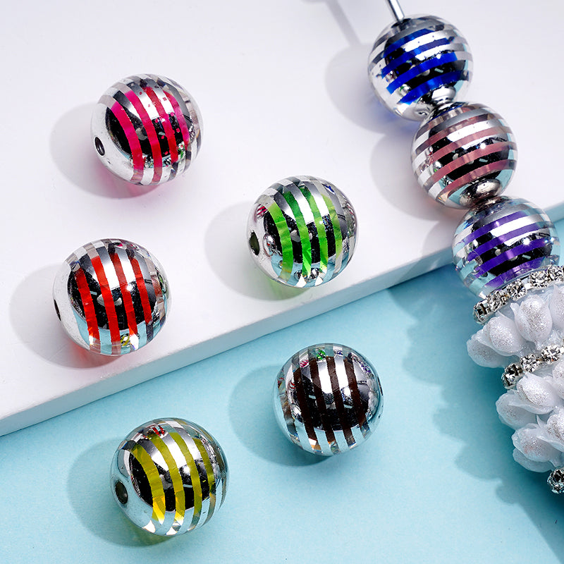 Colorful Acrylic Beads with Silver Stripe, Random Mix Color