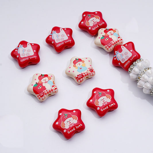 Mini Cute Apple Series Five-Pointed Star Acrylic Beads, 25MM, Random Mix