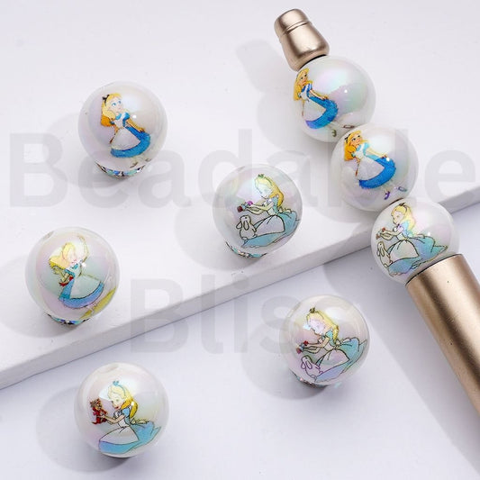 UV Coating Alice in Wonderlan Round Acrylic Beads, 16MM, Random Mix