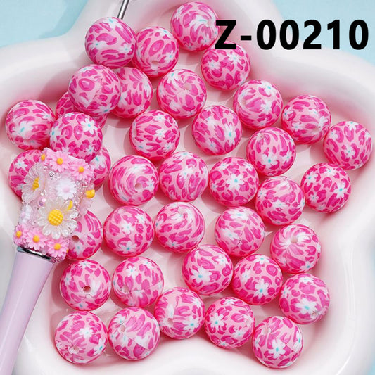 White Flowers Red Spots Printed Silicone Beads 15MM, Number Z-00210
