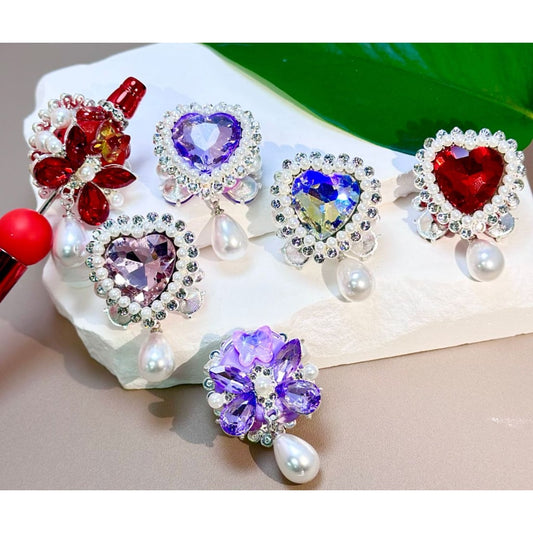 Bling Bling Silver Alloy Heart Butterfly with Clear Rhinestones White Pearls Large Heart Diamond Clay Beads, 29*29MM