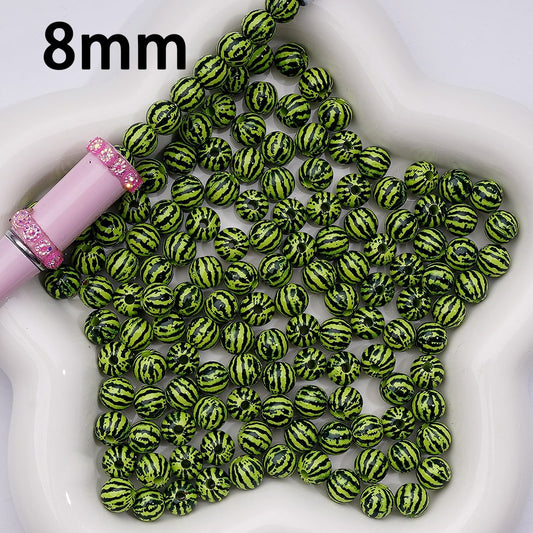 Clear Color Coating Green Watermelon Printed Acrylic Beads, 8MM