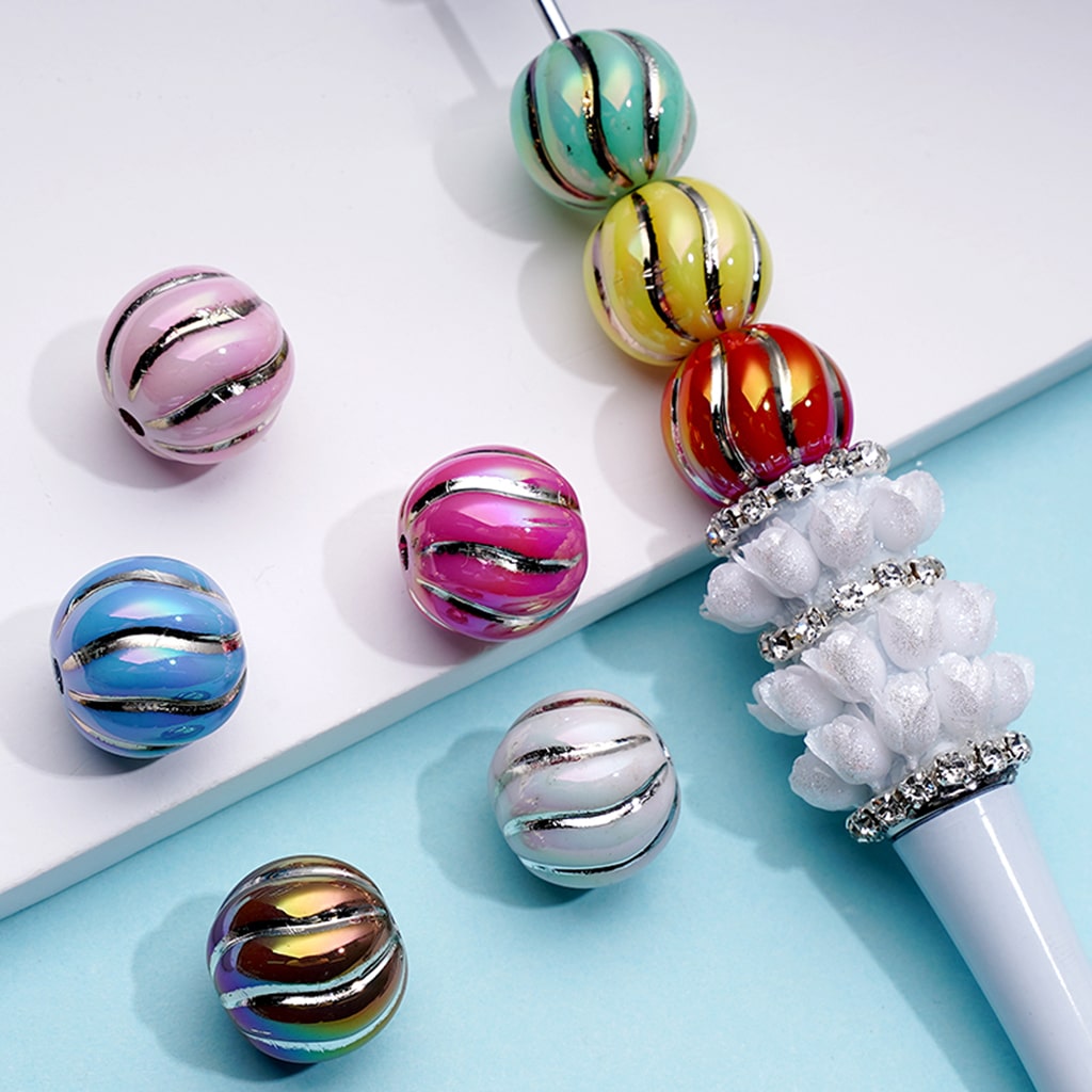 Colorful Acrylic Pumpkin Beads with Curvy Silver Stripes