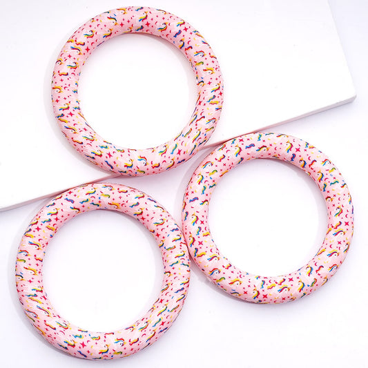 Printed Silicone Ring Frame Bead Circle Round Soft Car Hanger Charm Loop with Unicorn Star Moon Pink 65mm