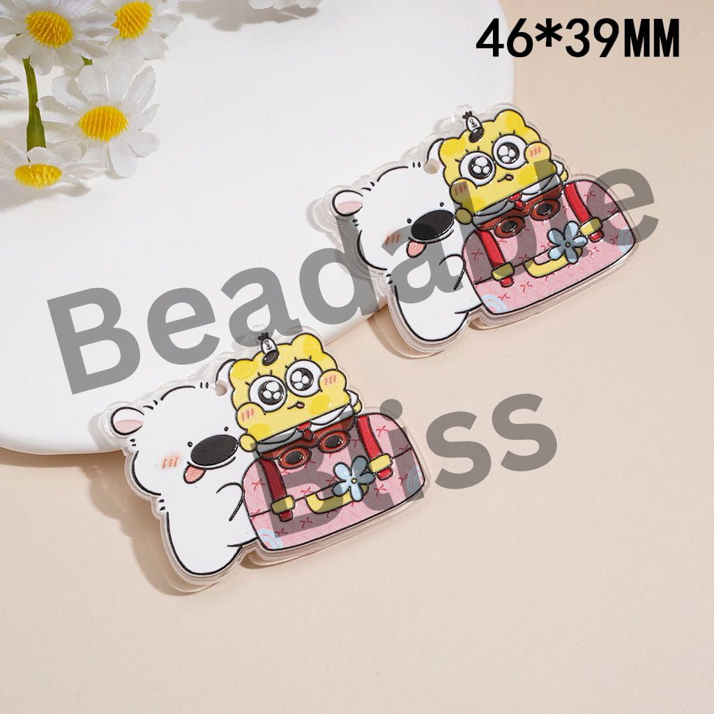 Acrylic Charms Pendant with Puppy Holding Yellow Sponge Character and Bag Detail, Hanging Loop, 46*39MM