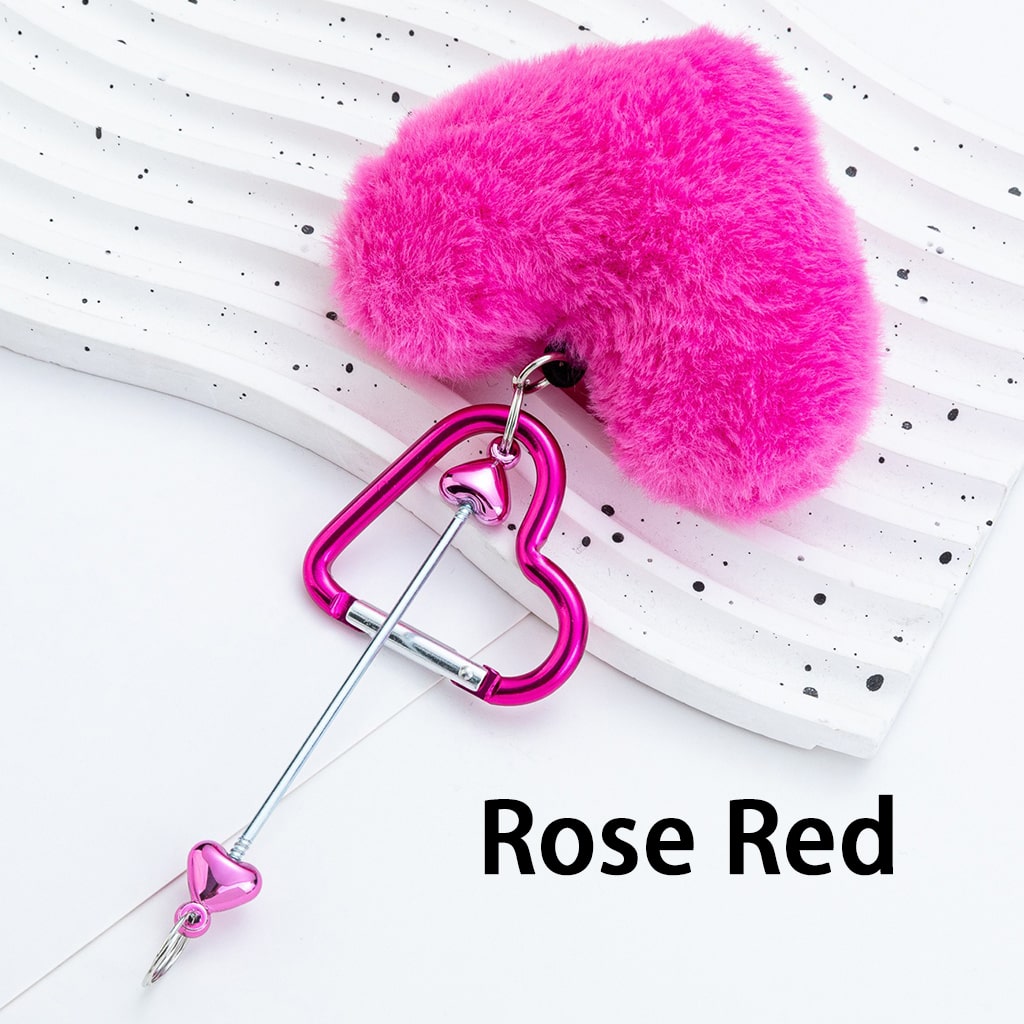 DIY Beadable Metal Heart Shape Keychain with Bar Large Pom Pom Heart , Around 160MM