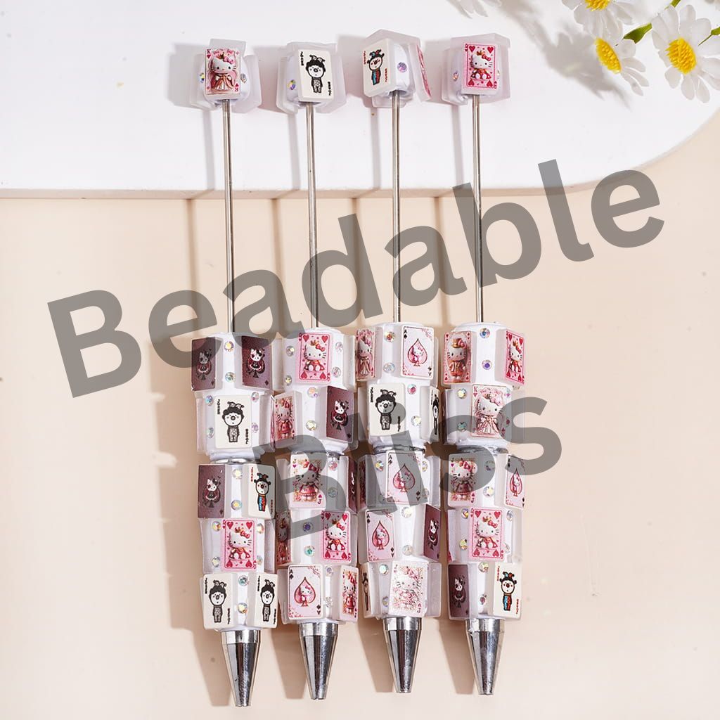 Beadable Clay Pens w Poker-Themed Cute Cat Character Print and AB Rhinestones