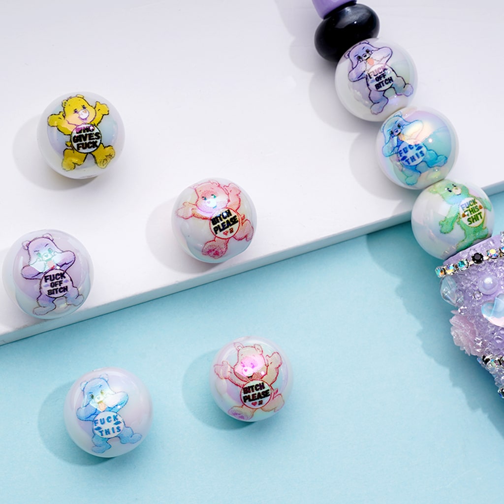 Dirty Talking Rainbow Bears Print Round Acrylic Beads 16mm