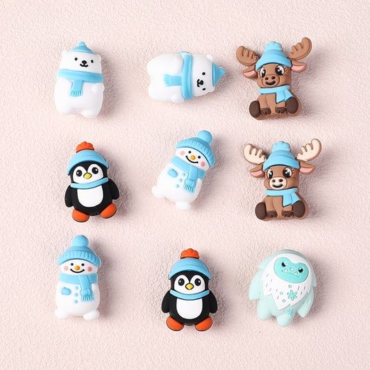 Silicone Focal Beads 3D Cute Winter Animals Series Polar Bears Penguins Snowman Elks Abominable Snowman