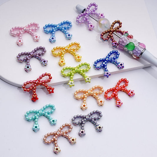 UV Coating Pearls Bowknots with Star Ring Acrylic Beads in Solid Color, Around 23*33MM
