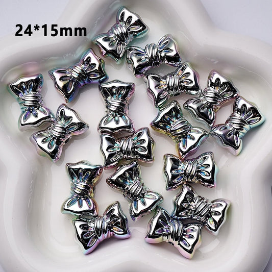 Laser Galaxy Iridescent Holographic Metallic Silver Color Bowknots Acrylic Beads, Around 24*15MM