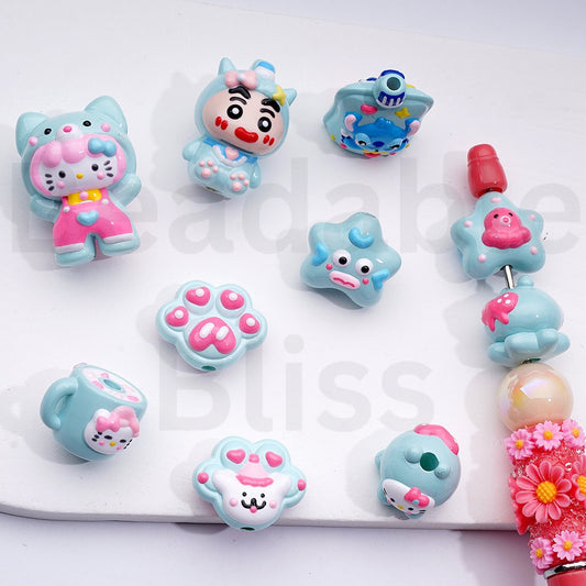 Blue Cute Hand Painted Cartoon Hell Kitt Stitc Crayo Shin-cha Acrylic Beads Mix