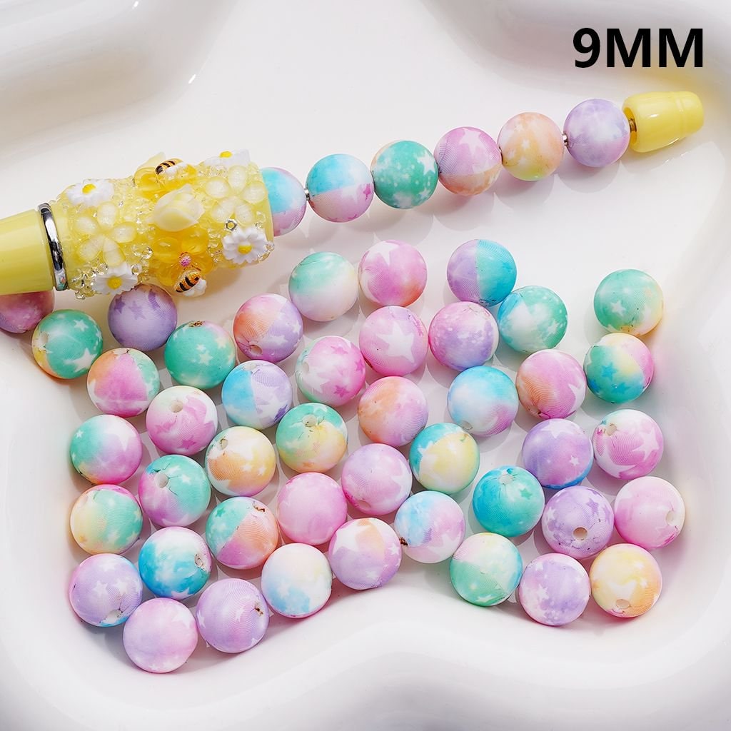 White Stars Pattern Colorful Printed Silicone Beads 9MM, Number Z-00272, Random Mix