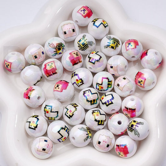 UV Coating Minecraf Animal Series White Round Acrylic Beads, 16MM, Random Mix