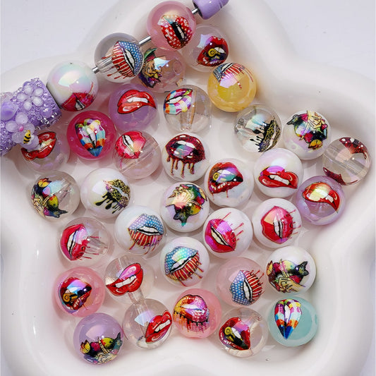 UV Coating Multi-Color lips USA America Patriotism Jelly White Clear Round Acrylic Beads, 16MM