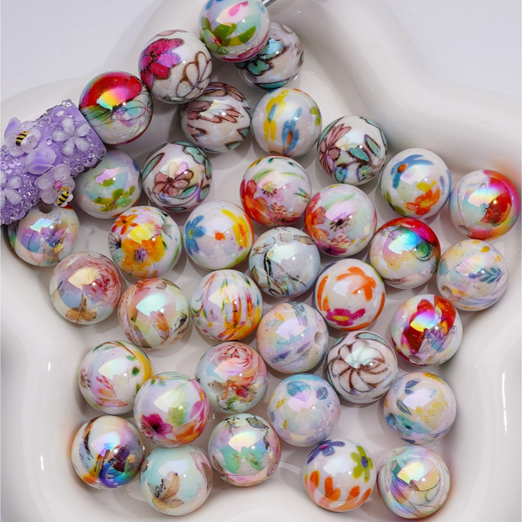UV Coating Multi-Color Different Flowers Round Acrylic Beads, 16MM (Single Color is available for 200pcs(Whole bag))