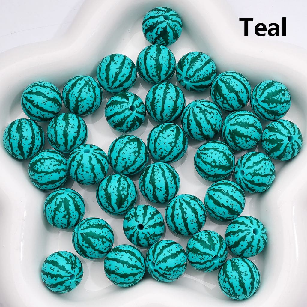 Multi-Color Watermelon Stripes Round Printed Silicone Beads 15MM, Number Z-00281