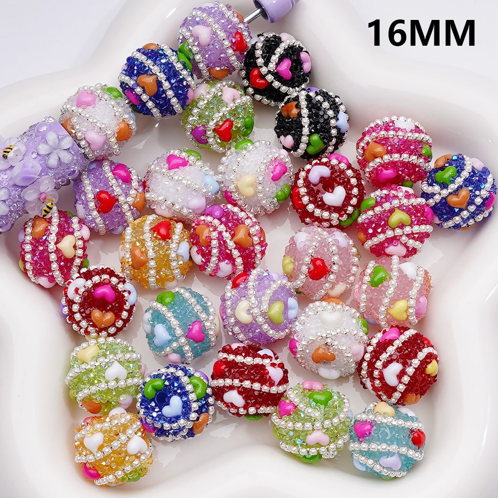 White Pearls Chains Multi-Color Cute Hearts Shiny Cone Shape Rhinestones Acrylic Beads, 16MM