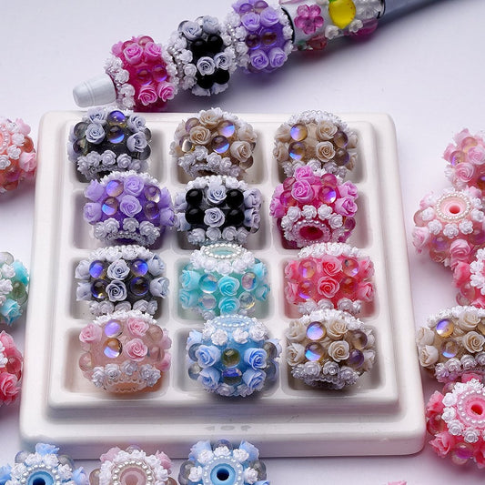 Mini Rose Flower White Pearls Loop Shiny Rhinestones Acrylic Beads, Around 23*19MM