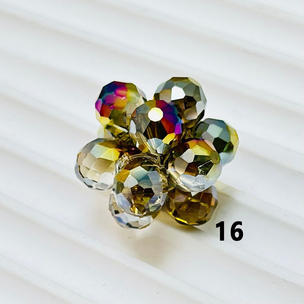 Multicolored faceted beads on a white background


