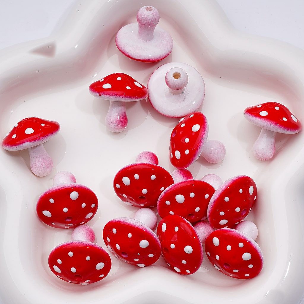 Mini Cute Mushroom with White Dots Acrylic Beads, Around 22*22MM