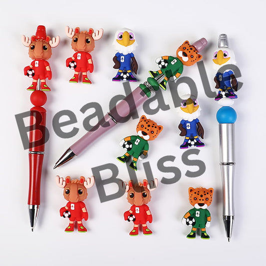 Colorful animal-shaped pens and figurines with 'Beadables Bliss' branding on a white background.