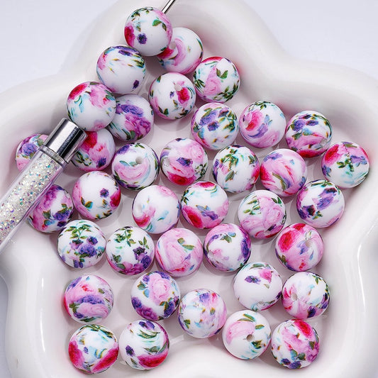 Red Pink Purple Flowers Green Leaves Printed Silicone Beads 15MM, Number Z-00222