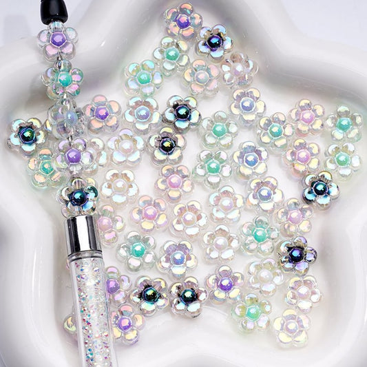 UV Coating Clear Colorful Five-Petaled Flower Acrylic Beads, Around 13MM, Random Mix