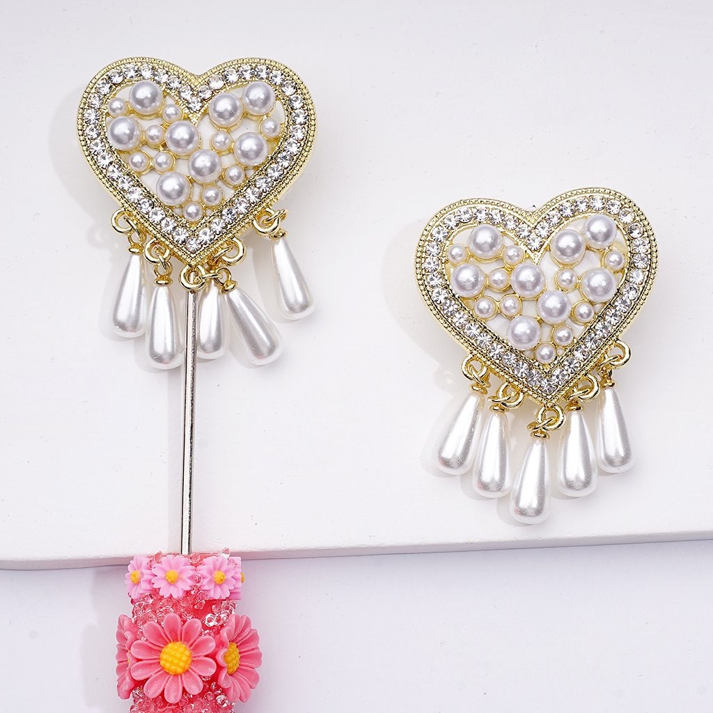 Fantastic Fancy Gold Alloy Heart with Clear Shiny Rhinestones White Pearls Pendants Cute Butterflies Hearts Clouds Clay Beads, Around 24*48MM