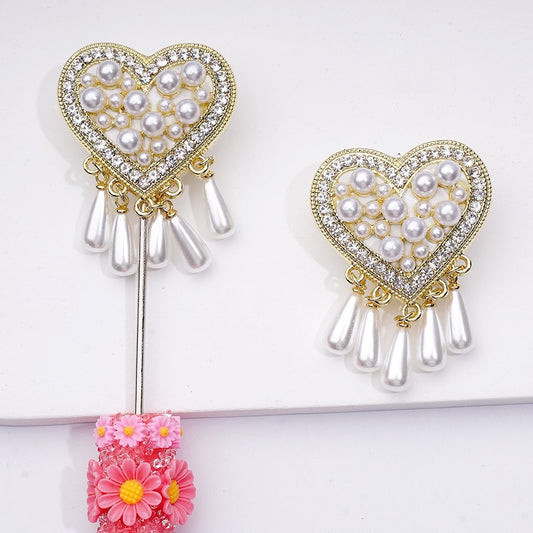Fantastic Fancy Gold Alloy Heart with Clear Shiny Rhinestones White Pearls Pendants Cute Butterflies Hearts Clouds Clay Beads, Around 24*48MM