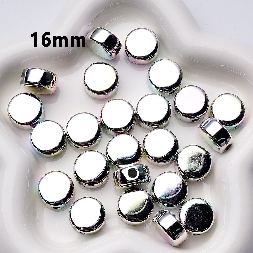 Laser Galaxy Iridescent Holographic Metallic Silver Color Round Flat Acrylic Beads, Around 16MM